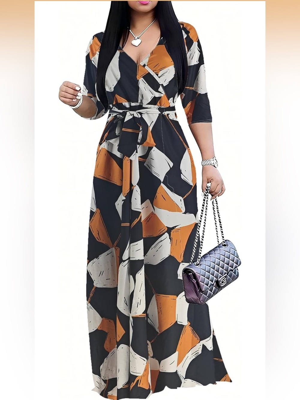 NWT Women’s Black Multi Color Abstract Print Maxi Dress with Pockets Size Small